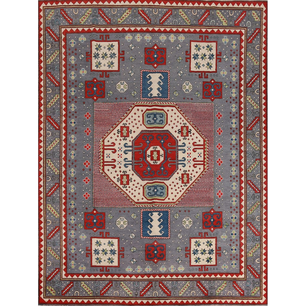 Hand Knotted Oriental 100% Wool Carpet Traditional Medallion Navy Blue & Blues Kazak Area Rug - 9' 7'' X 8' 4''