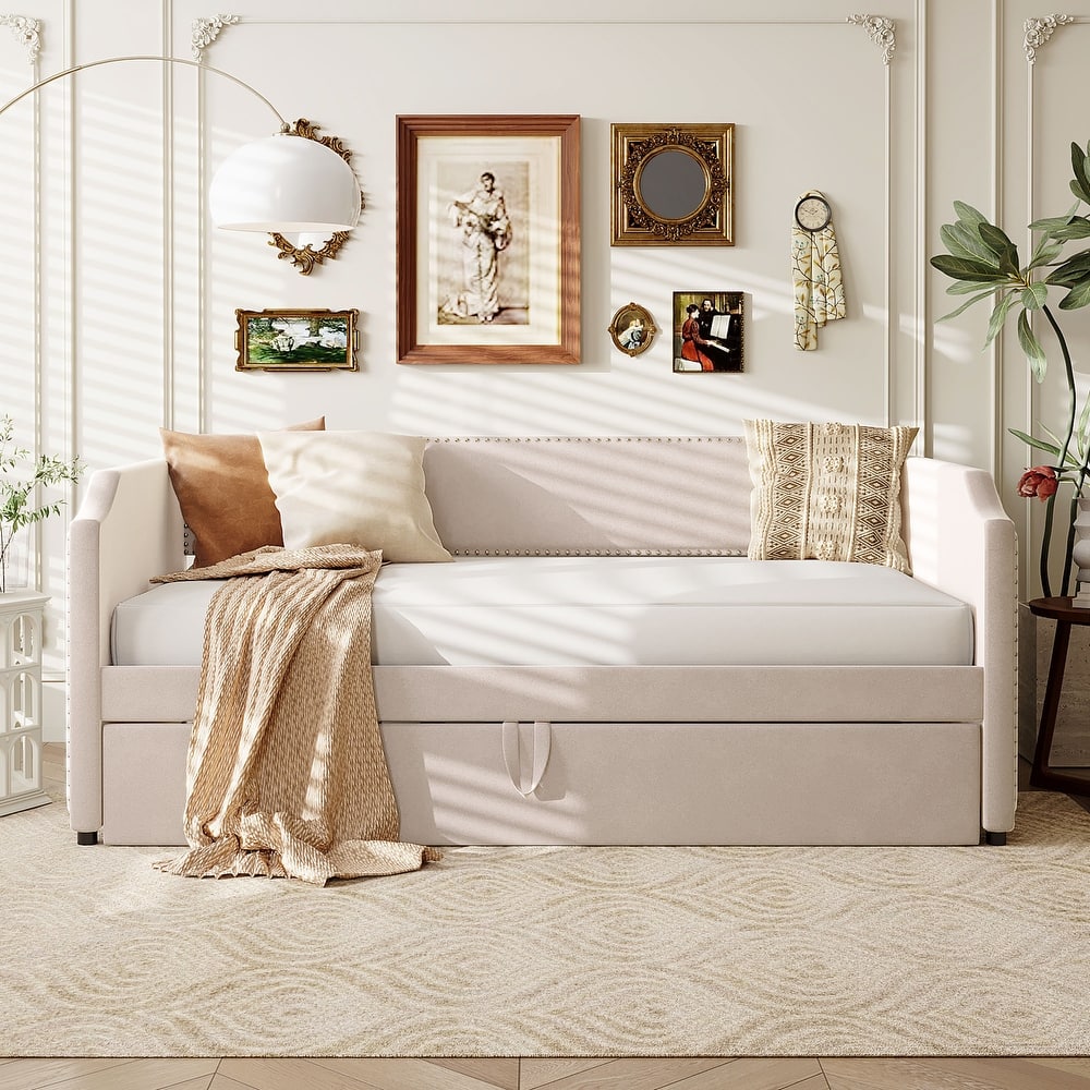 Upholstered Daybed Twin Size Daybed with Pull-Out Lift-Up Trundle and Nailhead Trim Armrest Velvet for Bedroom Apartment