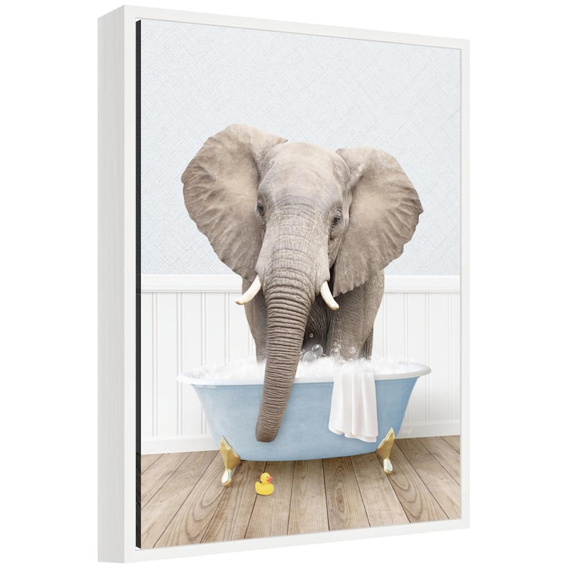 Kate and Laurel Sylvie Elephant Front in Cottage Blue Bathtub Framed Canvas by Amy Peterson - White