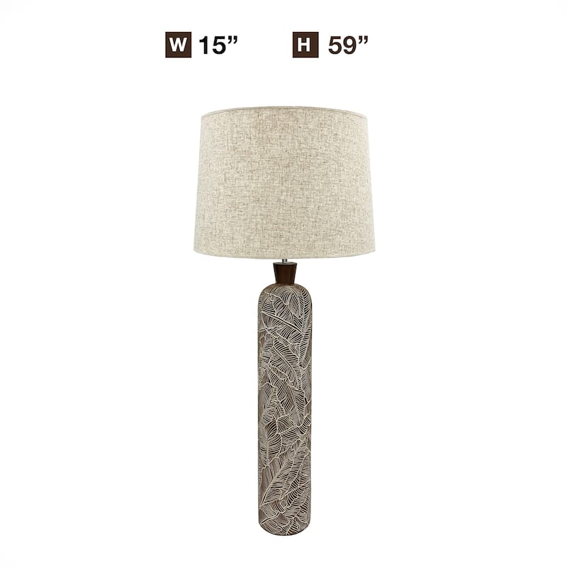 Brown 38 Inch Textured Resin Floor Lamp with Neutral Linen Drum Light