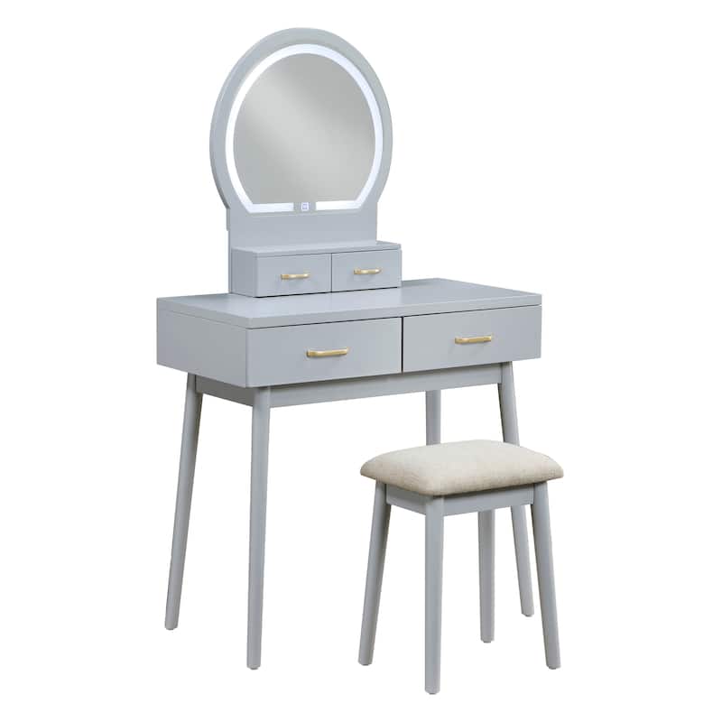 Beautiful Gray Finish Vanity Dresser with Mirror and Stool