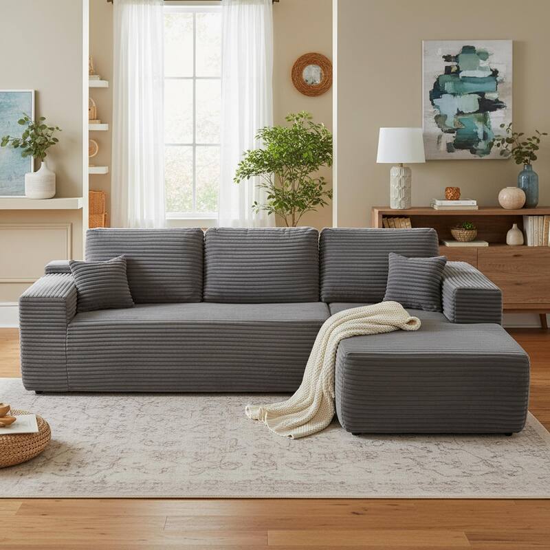 Homy Casa 105" Cloud Sectional Sofa with Chaise, Deep-Seat Modular Couch, No Assembly, Plush Corduroy - GY - RightPlu