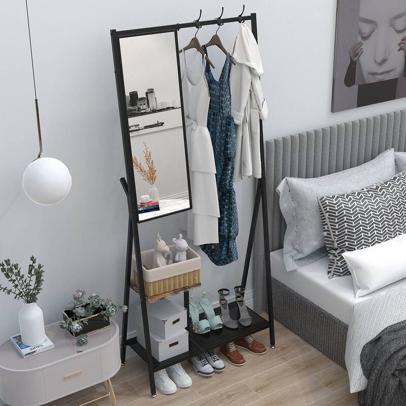 Industrial-Style Foyer Coat Rack with Shoe Cabinet Mirror, Aluminum Frame, for Living Room and Bedroom
