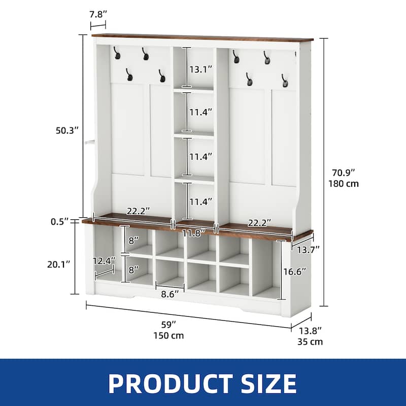 Moasis Farmhouse Hall Tree with Bench and Shoe Storage with 10 Hooks for Entryway