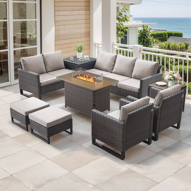 Gymojoy 7-9 Person All-Weather Wicker Outdoor Conversation Set Seating Group With Fire Pit Table
