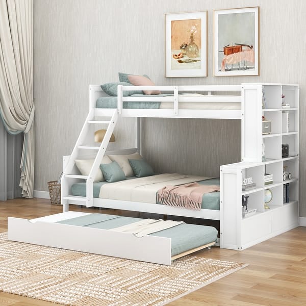 slide 2 of 12, Convertible Twin Over Full Bunk Bed with Trundle, 12 Storage Shelves, and Safety Guardrails White