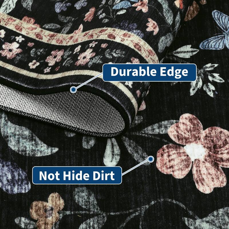 Living Room Rug Machine Washable Area Rug Non Slip Farmhouse Floral Rug Low Pile Soft Foldable Rugs