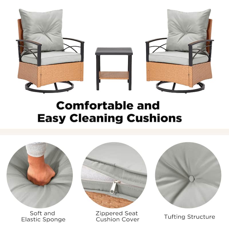 3-Piece Outdoor Rocking/Swivel Chair Set - PE Rattan Patio Furniture with Cushions & Coffee Table, Rocker Chairs for Backyard