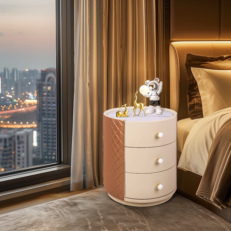Round Bedroom Nightstand Bedside Table with 3 Drawers No Assembly Storage Unit