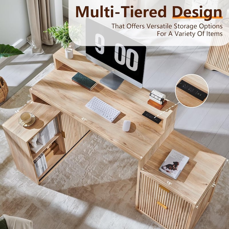 67" Modern L Shaped Desk, Wood Home Office Desk with Charging Station