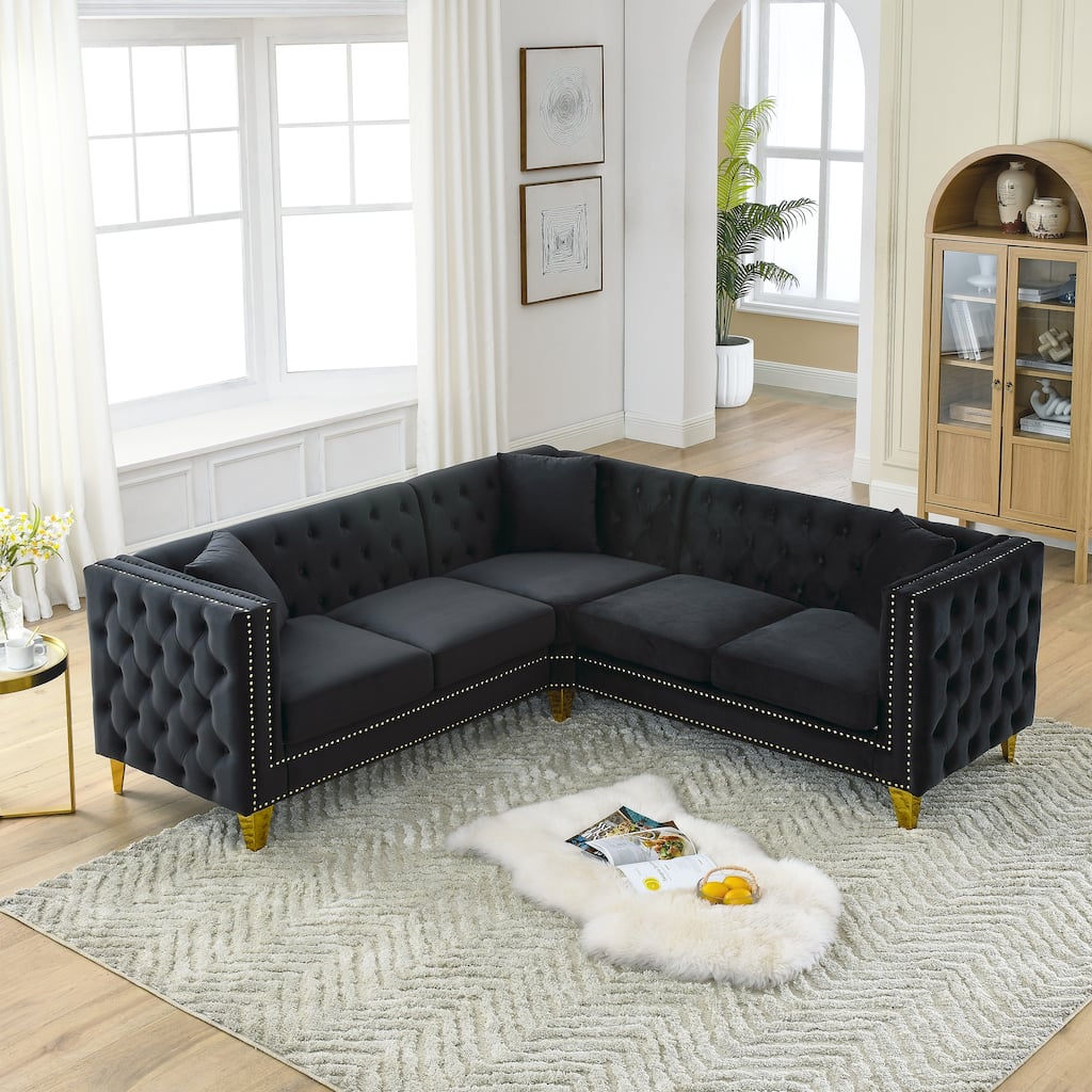 Black 82.2'' Velvet Chesterfield 5-Seater L-Shaped Sofa with Nailhead Trim, Tufted Backrest, and Metal Legs