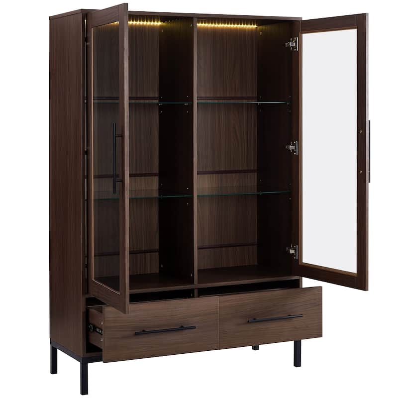 60"Hx39.5"W Lighted Display Cabinet with Glass Doors & LED Lighting Bookshelf Buffet