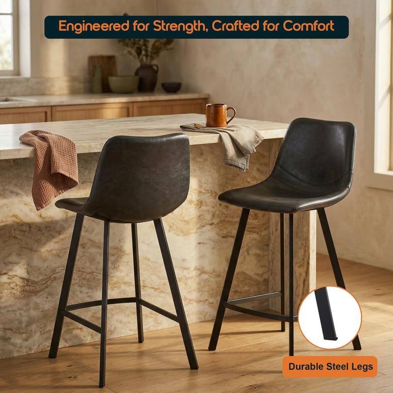 Elland Modern Minimalist Leather Upholstered Bar Stool with Accent Black Metal Base and Back Support for Home Bar or Kitchen