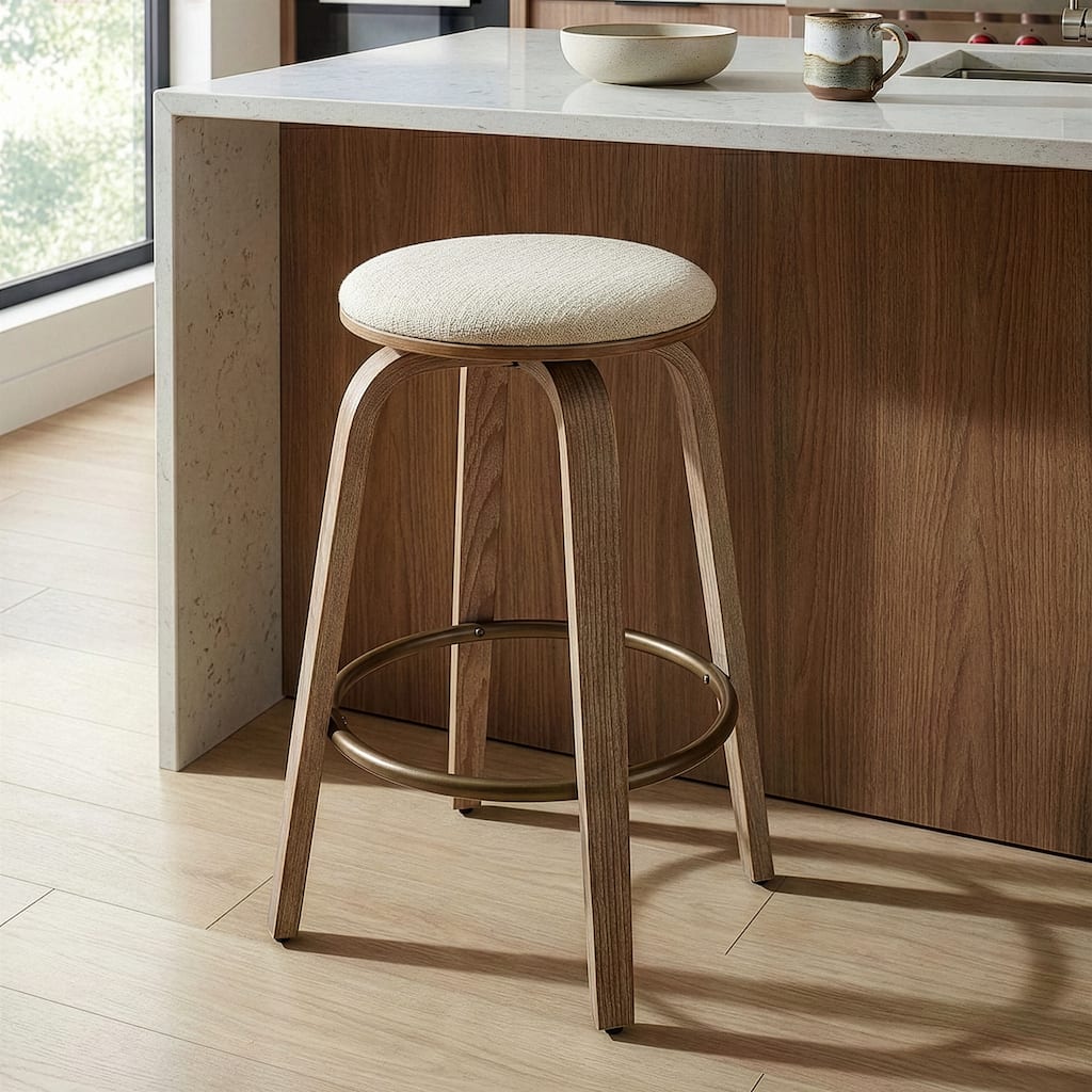 Beatus Beige Woven Fabric Counter Stool with Natural Wood Legs