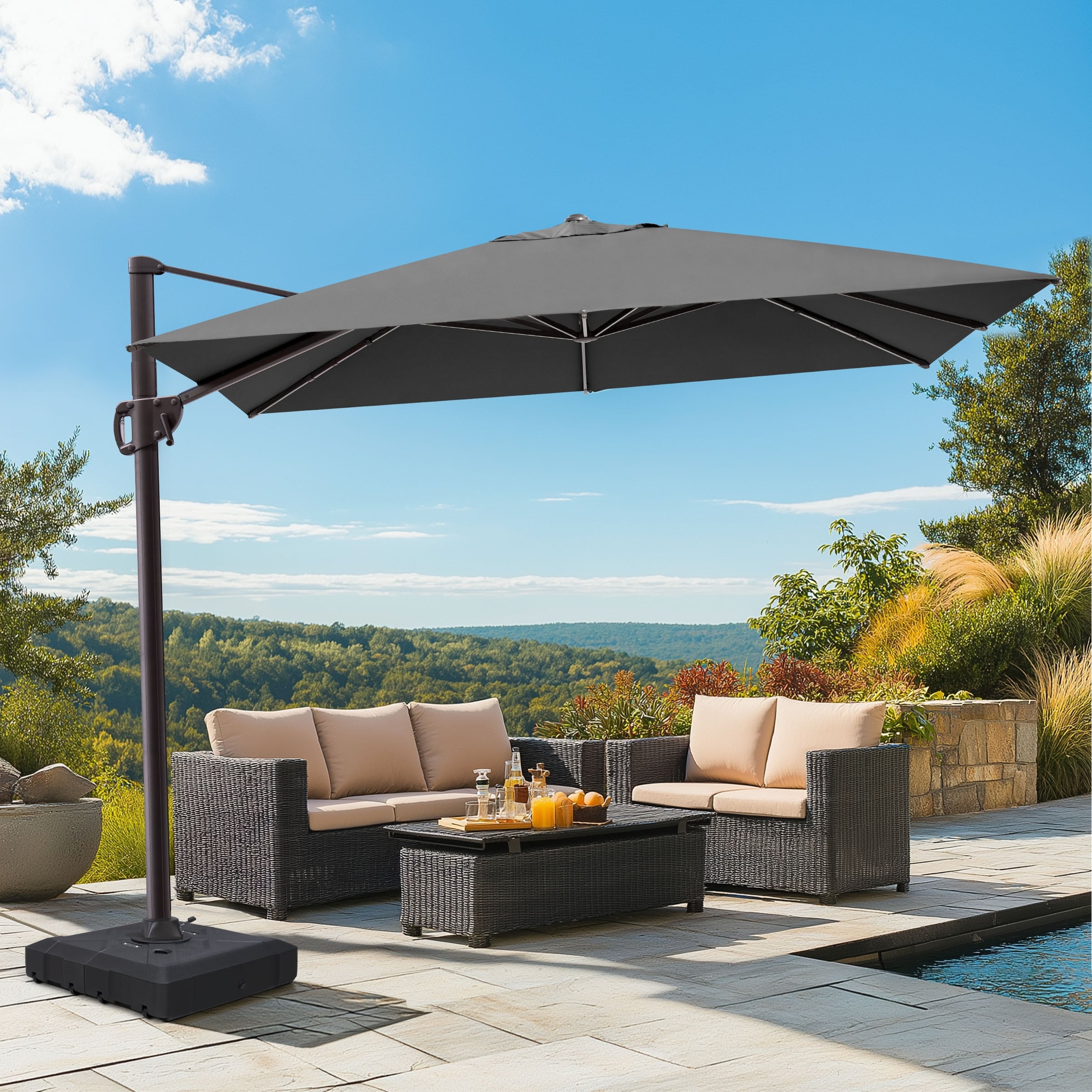 cantilever patio umbrella with 360 degree rotation with bace PURPLE LEAF SUNBRELLA Grey Aluminum Umbrella and can be filled with water or sand to weigh down Outdoor 9 x 11 ft