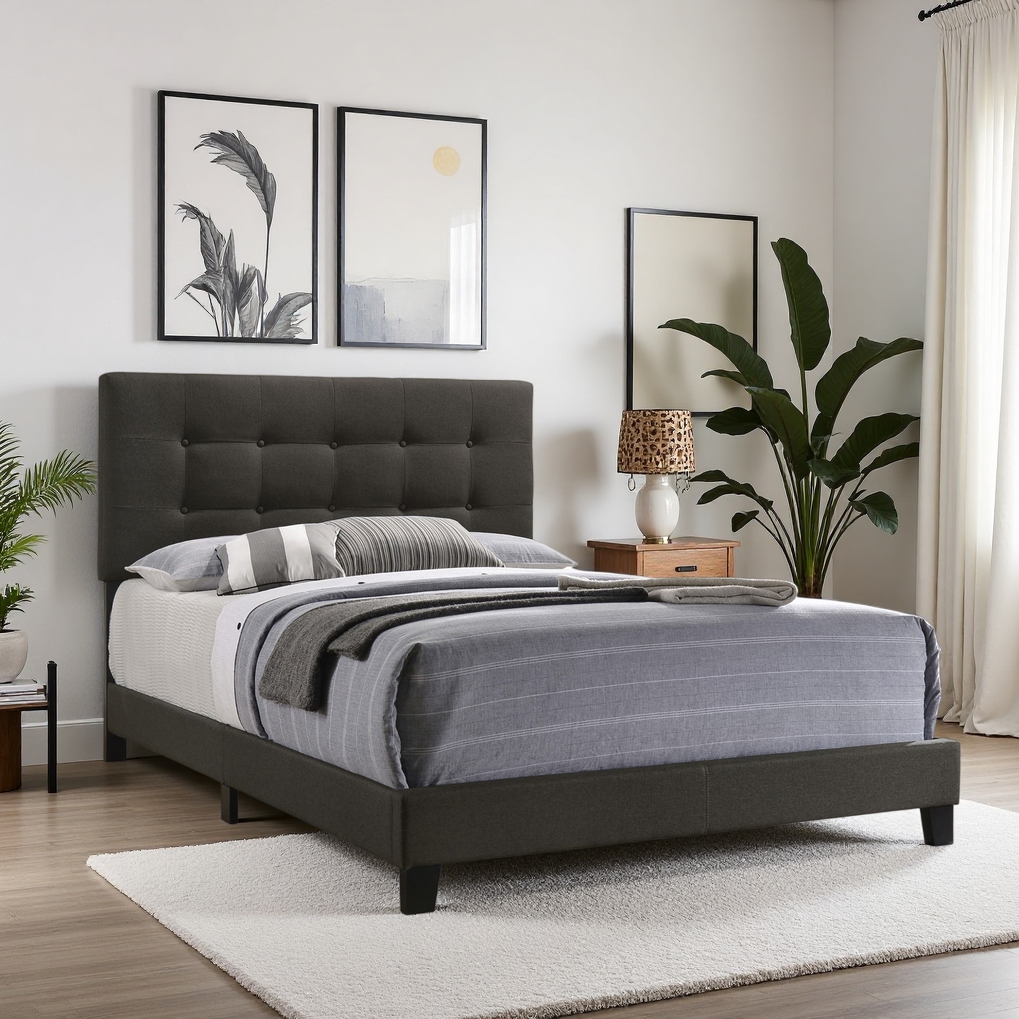 Eastern King Size Solid Wood Panel Bed with Padded Headboard