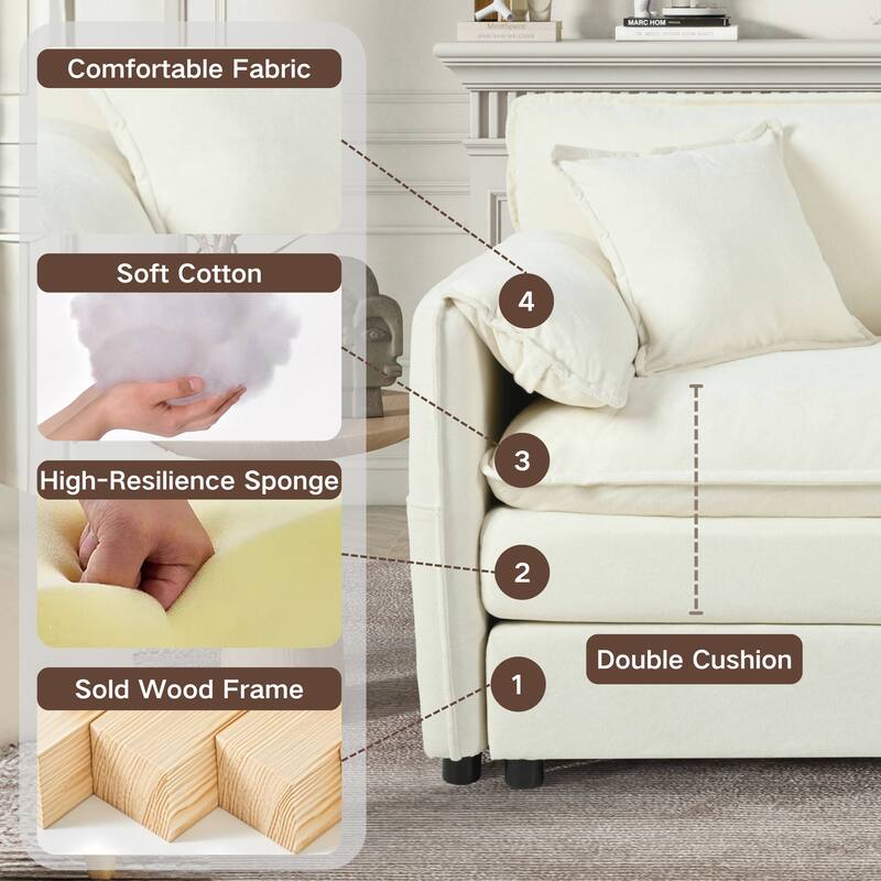 109.45" Chenille Modular 3-Seater Sofa with Dual Cushions & 3 Pillows