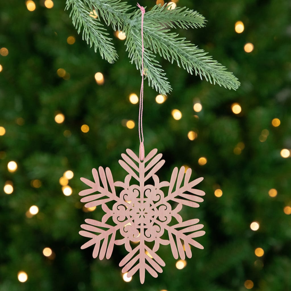Snowflake Shaped Cut-Out Wooden Christmas Ornaments - 4.75" - Pink - Set of 4