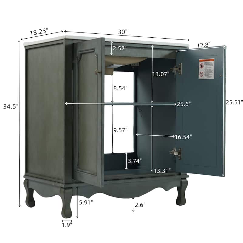 30-Inch Vintage Bathroom Vanity, Rectangle Ceramic Sink, 2 Doors, Solid Wood Legs and Adjustable Shelves
