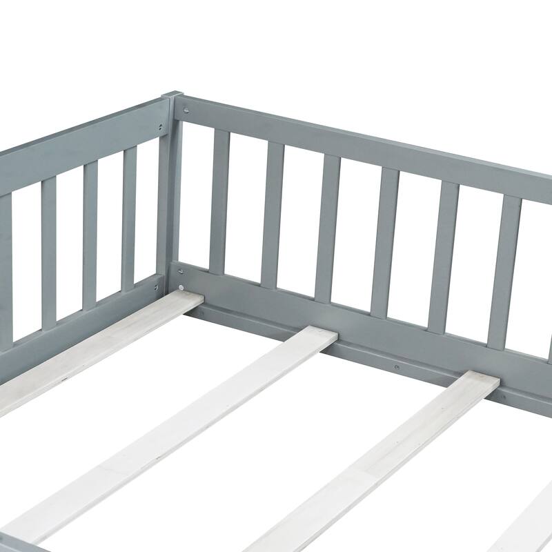Full Size Grey Rubber Wood Floor Bed with Safety Guardrails and Door