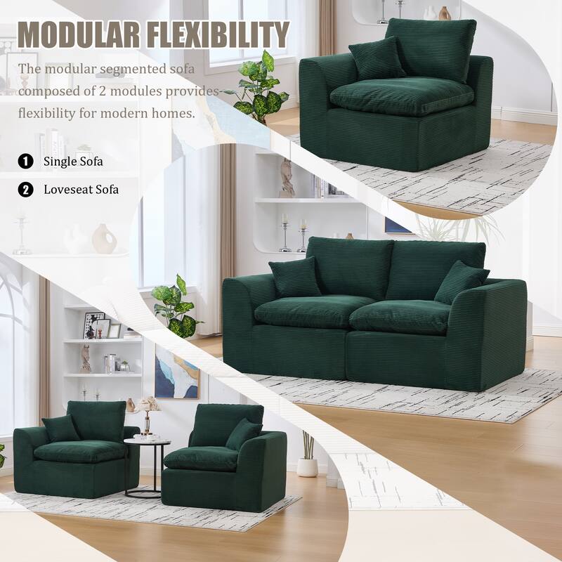 Modern 2-Seater Corduroy Cloud Sofa Modular 2-Piece Sectional Sofa with Removable Covers, for Living Room, Bedroom, Emerald