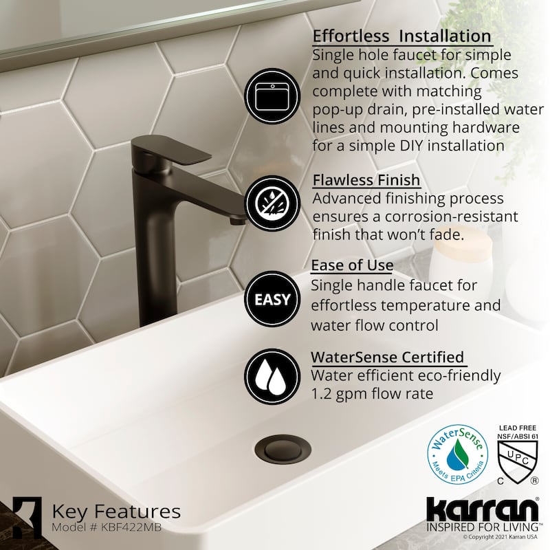 Karran Kayes Single Hole Single Handle Vessel Bathroom Faucet with Matcing Pop-up Drain