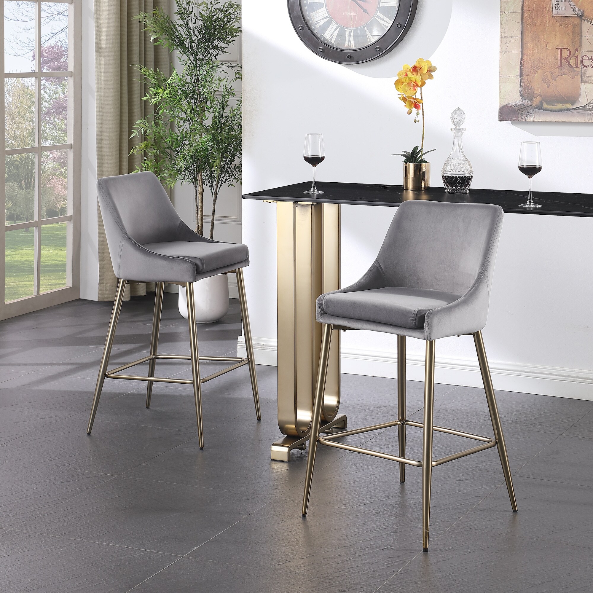 Contemporary Velvet Upholstered Counter Stool with Brushed Gold
