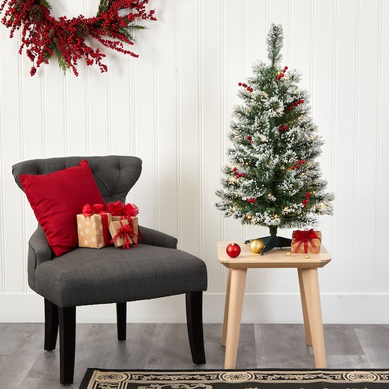 3ft. Frosted Pine Artificial Christmas Tree with 50 Clear LED Lights & Berries - Compact Festive X-Mas Décor