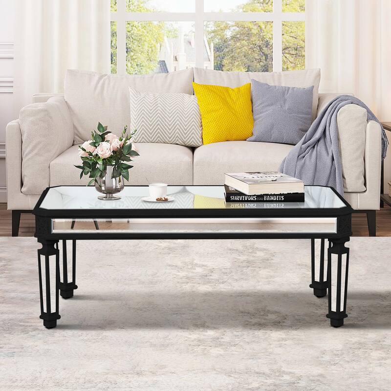 47" Modern Rectangular Mirror Coffee Table with Fluted Tempered Glass - Black+Silver