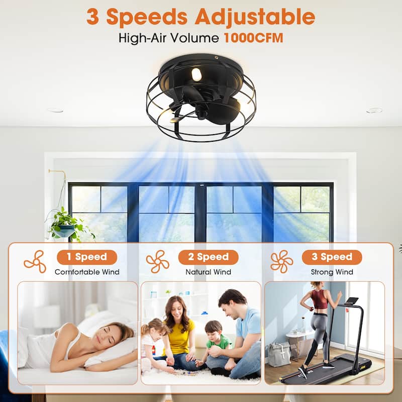Industrial 3-Light Metal Caged Low Profile Ceiling Fan with Light