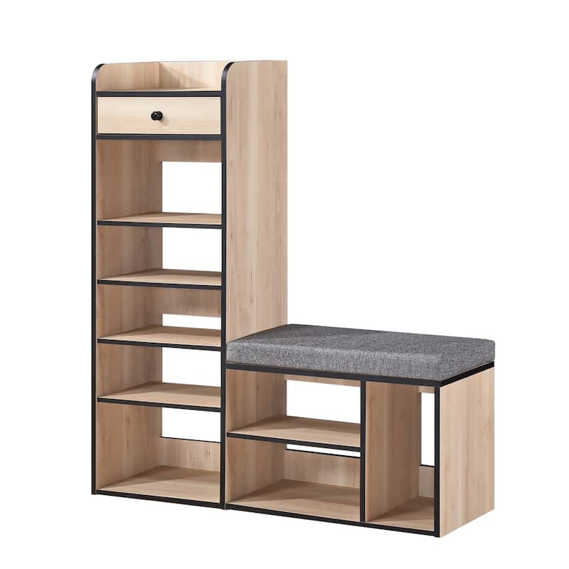 Julian Wood Bench and Shoe Rack with Drawer and Shelves
