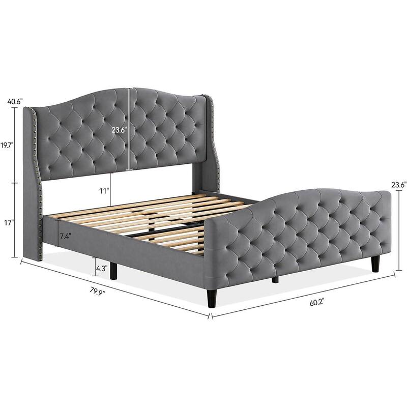 Velvet Upholstered Bed Frame with Wingback Headboard and Footboard