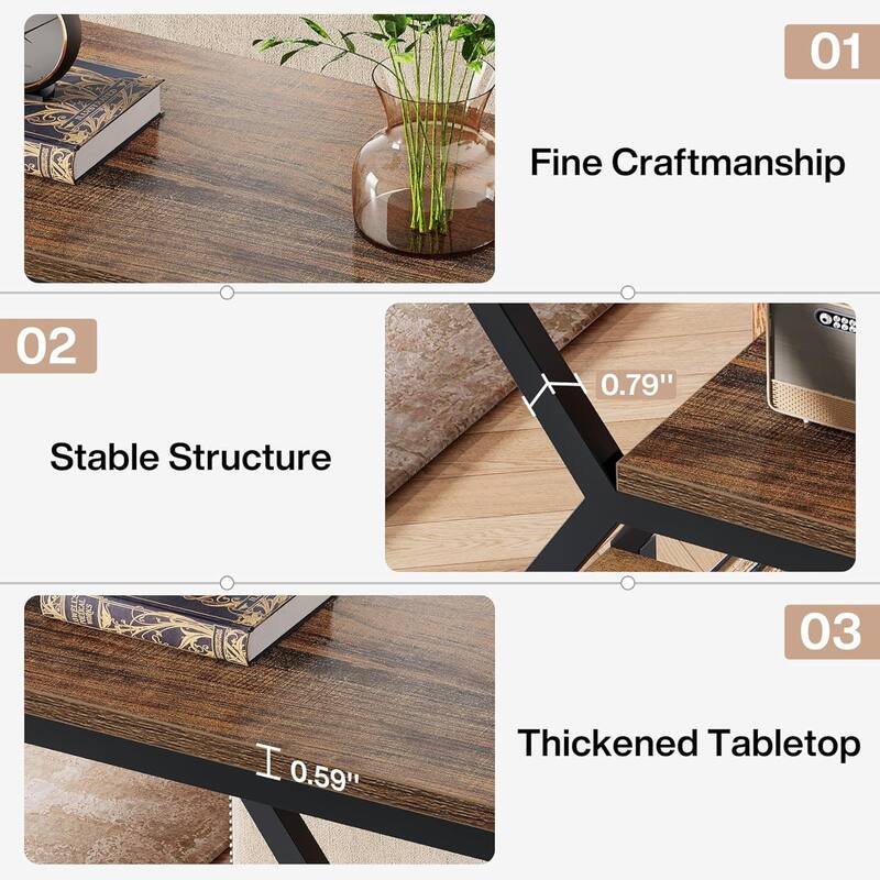 23.62 Inches Brown Wooden End Table with Storage Shelves for Living Room, 3-Tier Industrial Bedside Table for Bedroom