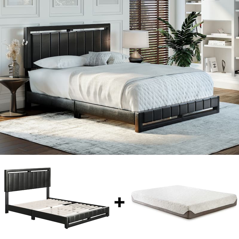 Upholstered Platform Bed and Mattress Bundle - Bed Frame with 8 in. Memory Foam Mattress Included by Boyd Sleep - Black - Queen
