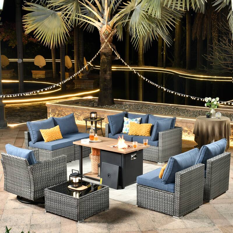HOOOWOOO 10-piece Grey Rattan Patio Furniture Set with Fire Pit - Denim Blue