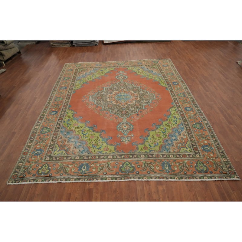 Hand Knotted Oriental 100% Wool Carpet Traditional Floral Oranges & Rust Tabriz Area Rug - 11' 8'' X 9' 5''