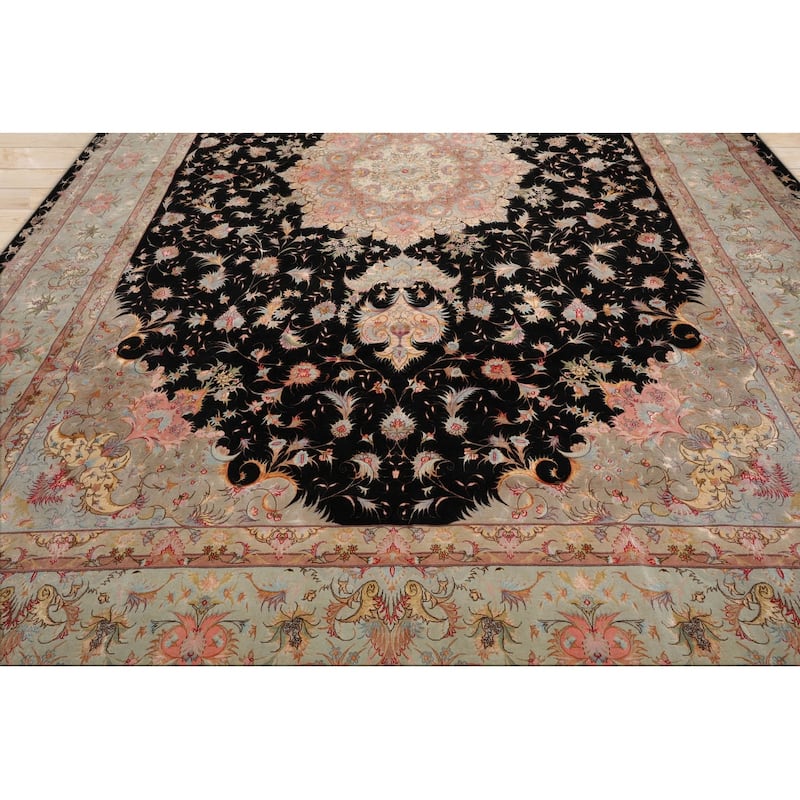 Hand Knotted Tabriz Black Persian Wool & Silk Traditional Area Rug - 11' 6'' x 16' 10''