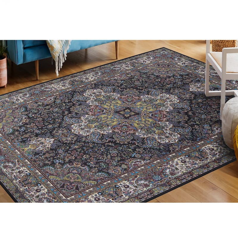 Superior Flamingo Medallion Machine Washable Indoor Area Rug or Runner - 4' x 6' - Black
