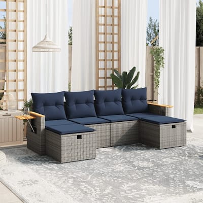 vidaXL 6 Piece Patio Sofa Set with Cushions Gray Poly Rattan - 21.7" x 24.4" x 27.2"