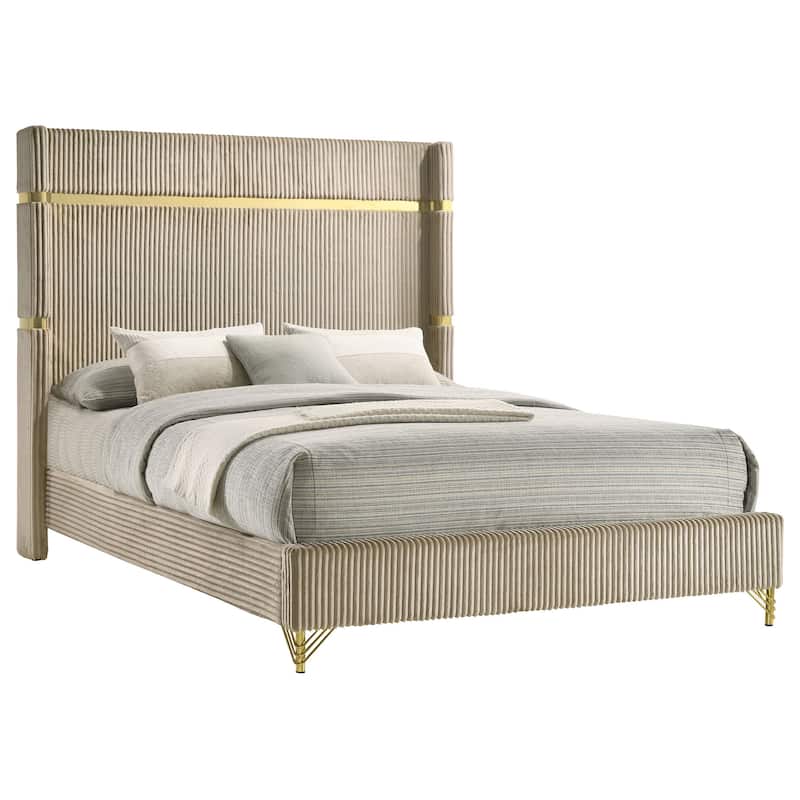 Jenny King Size Bed, Fluted Wingback Headboard, Beige Upholstery Gold Trim