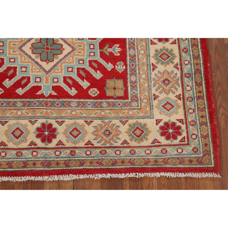 Kazak Accent Rug Handmade Geometric Red Wool Carpet - 3'5" x 4'11"
