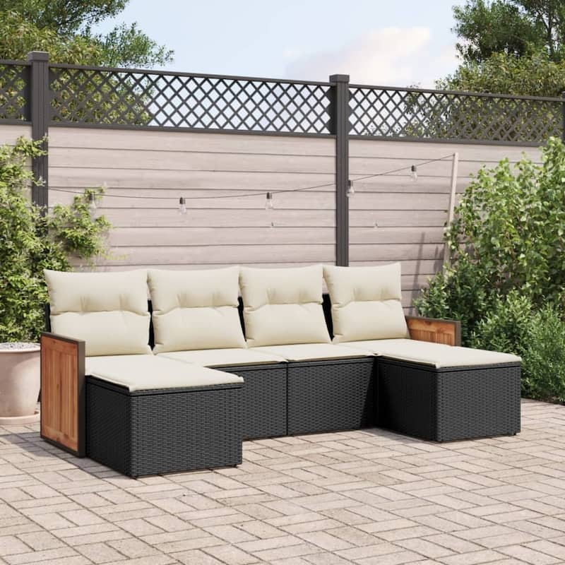vidaXL Patio Sofa Set with Cushions Outdoor Conversation Furniture Poly Rattan - 21.7 x 21.7 x 14.6 in - Black and cream without table