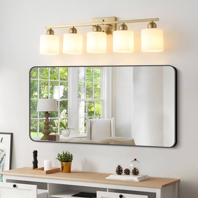 5-Light Gold Bathroom Vanity - Milky Frosted Glass - E26 Socket