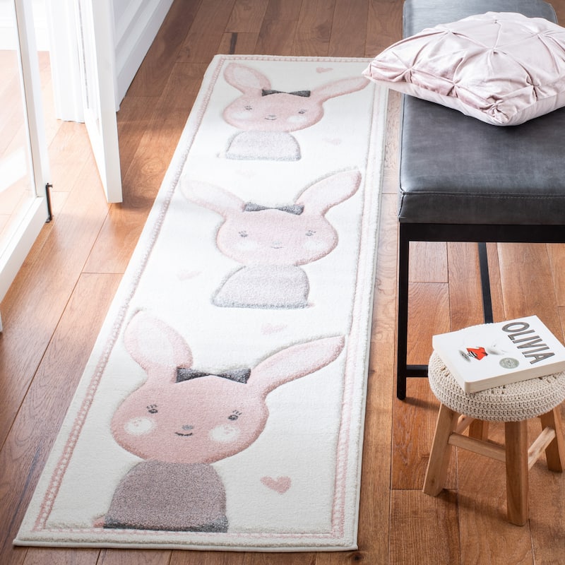 SAFAVIEH Carousel Kids Codrina Bunny Rug - 2' x 8' Runner - Ivory/Pink