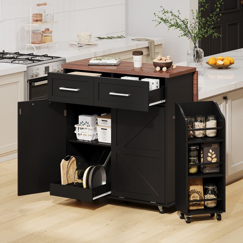 Kitchen Island with Drop Leaf, Removable Side Racks, Rolling Kitchen Cart with Towel Rack - Black