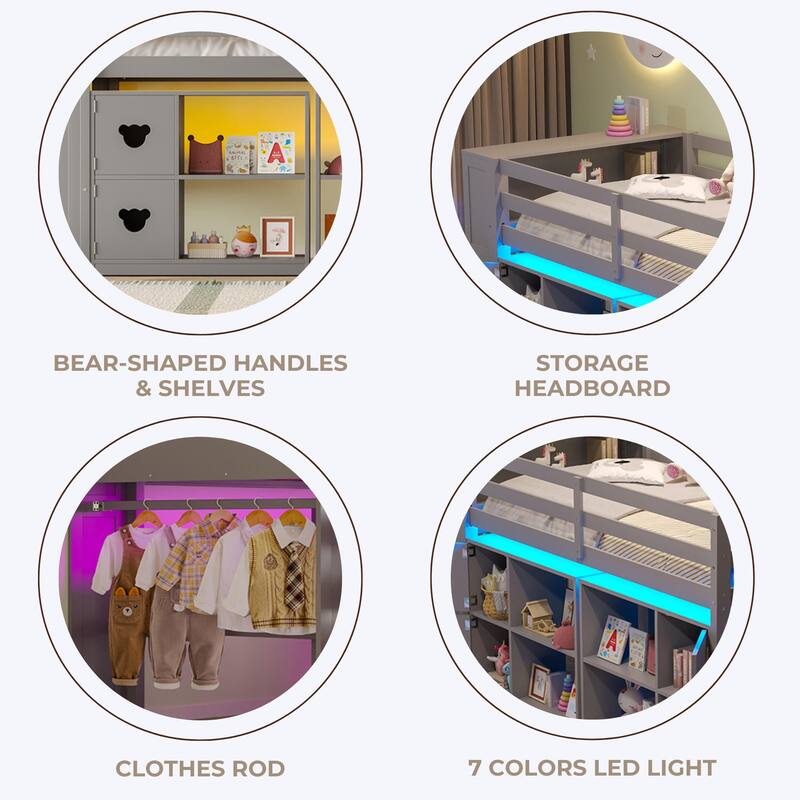 Twin Low Loft Bed with Storage Headboard, Shelves, Stair Drawers & LED Lights, Space-Saving Kids Wooden Loft Frame