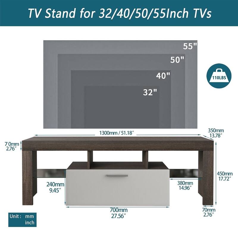 Brown & White TV Stand with LED Lights