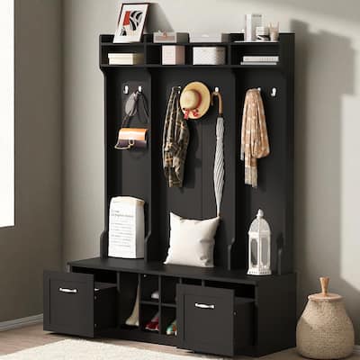 58.8 in Wide Hall Tree with Bench, 7 Hooks, 2 Drawers, Adjustable Shelves, Entryway Coat Rack Organizer, 76.7 in H