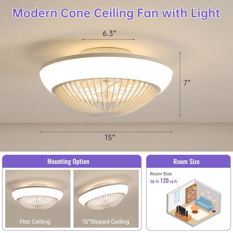 15"/19''/20"/42" RGB Color Dimmable LED Ceiling Fan with APP & Remote Control 6 Wind Speed, with Bluetooth Speaker Optional