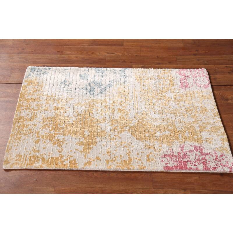 Gold Abstract Contemporary Foyer Rug Hand-Knotted Wool Carpet - 2'0"x 3'0"